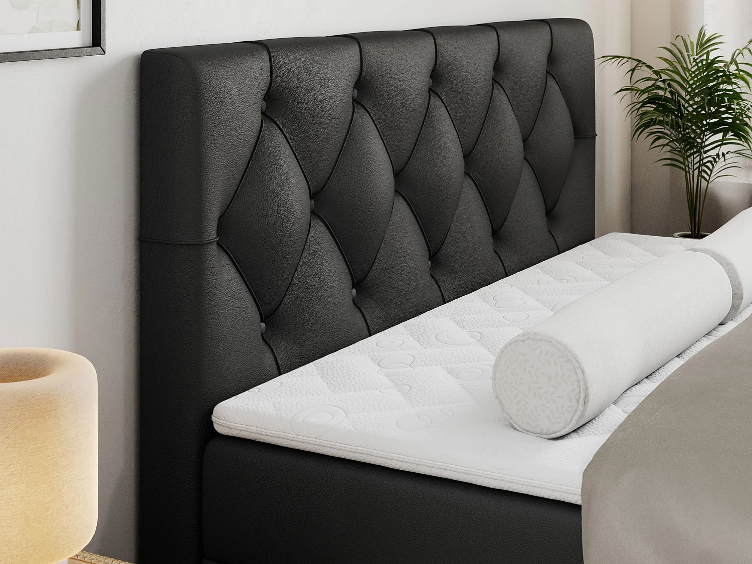 Lit boxspring avec 2 coffres - 2 matelas fermes + surmatelas mousse - Noir Similicuir - 140x200 - ROMA