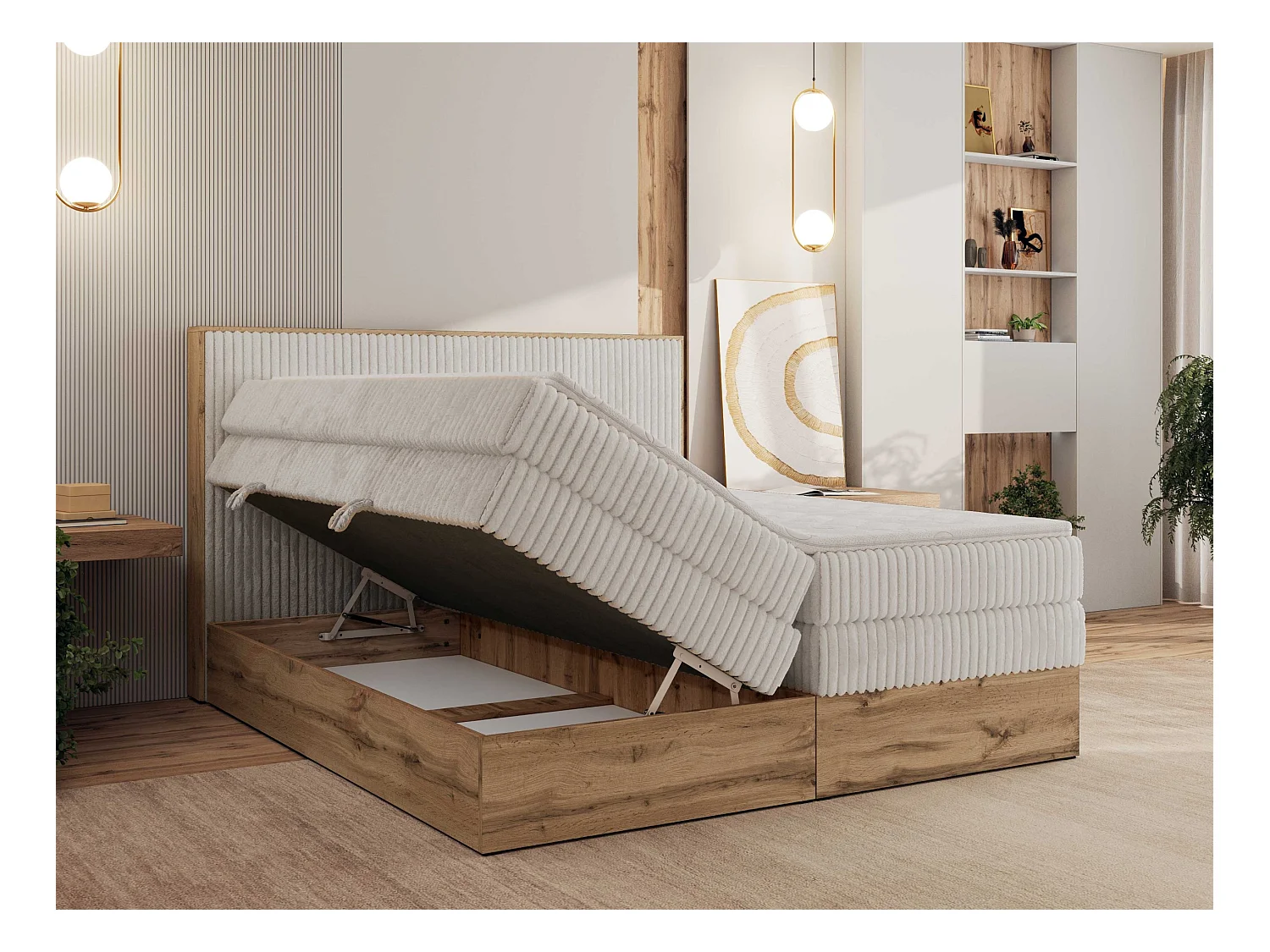 Boxspringbett WOOD CLASSIC KING - Polsterbett mit hohe Kopfteil, zwei Multipocket-Matratze, Bettkästen - 140x200 cm - H3 - Beige Cord