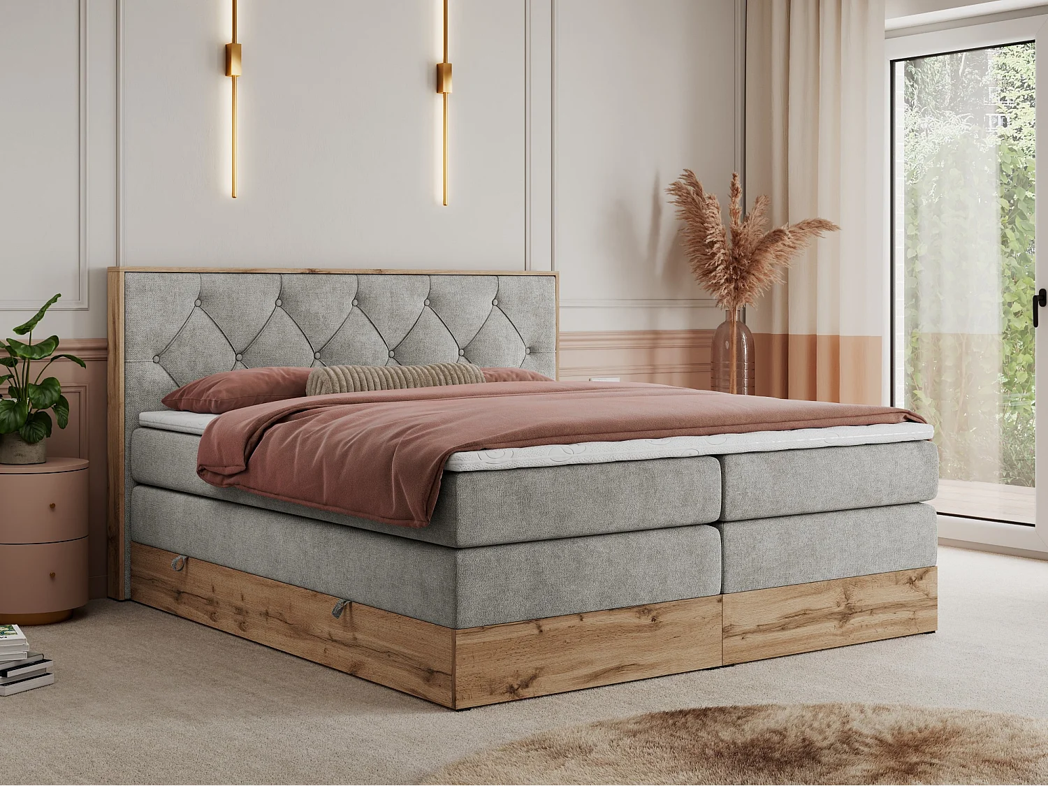 Boxspringbett VENETO KING - Polsterbett mit Multipocket-Matratzen und Kopfteil, Holzrahmen, zwei Bettkästen - 140x200 cm - H4 - Hellgrau Strukture