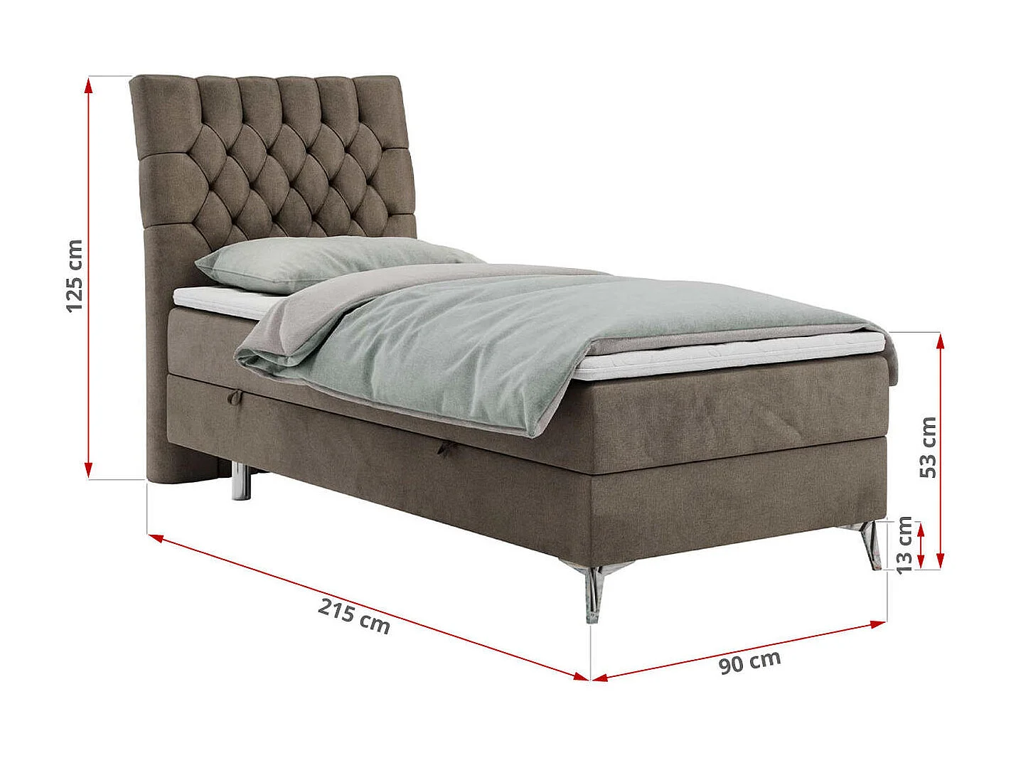 Boxspringbett MILEN - Polsterbett auf Metallbeine, Set mit Multipocket-Matratze, Gesteppte Kopfstütze - 90x200 cm - H3 - Braun Velvet - Links Seite