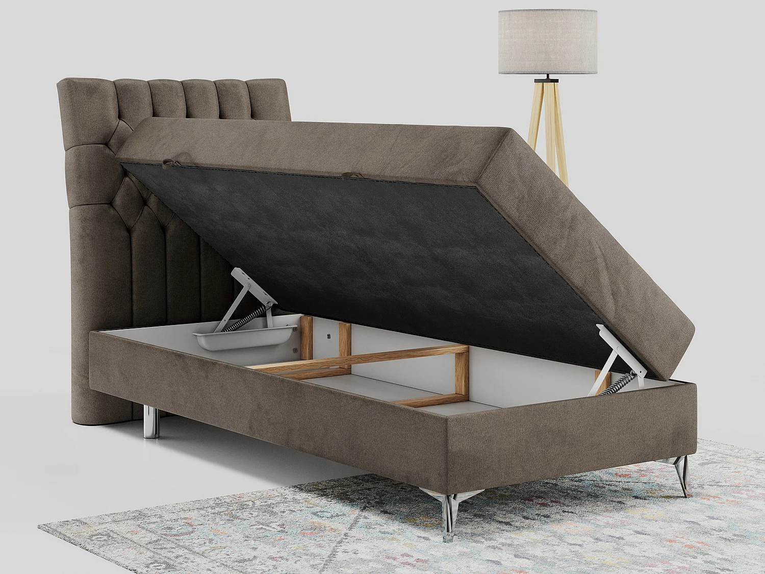 Boxspringbett MILEN - Polsterbett auf Metallbeine, Set mit Multipocket-Matratze, Gesteppte Kopfstütze - 90x200 cm - H3 - Braun Velvet - Links Seite