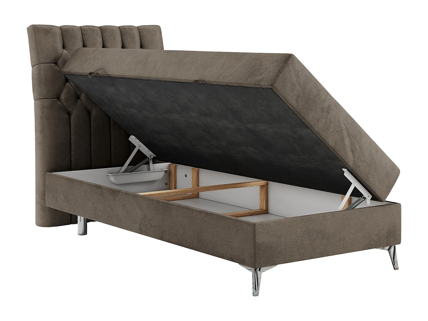 Boxspringbett MILEN - Polsterbett auf Metallbeine, Set mit Multipocket-Matratze, Gesteppte Kopfstütze - 90x200 cm - H3 - Braun Velvet - Links Seite
