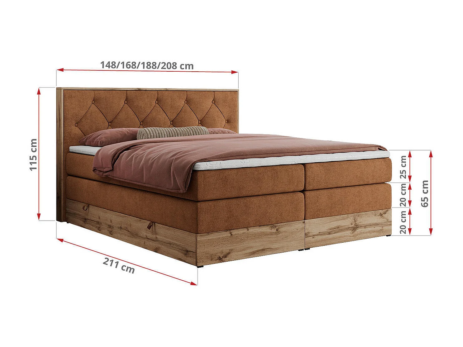 Boxspringbett VENETO KING - Polsterbett mit Multipocket-Matratzen und Kopfteil, Holzrahmen, zwei Bettkästen - 140x200 cm - H3 - Orange Strukture