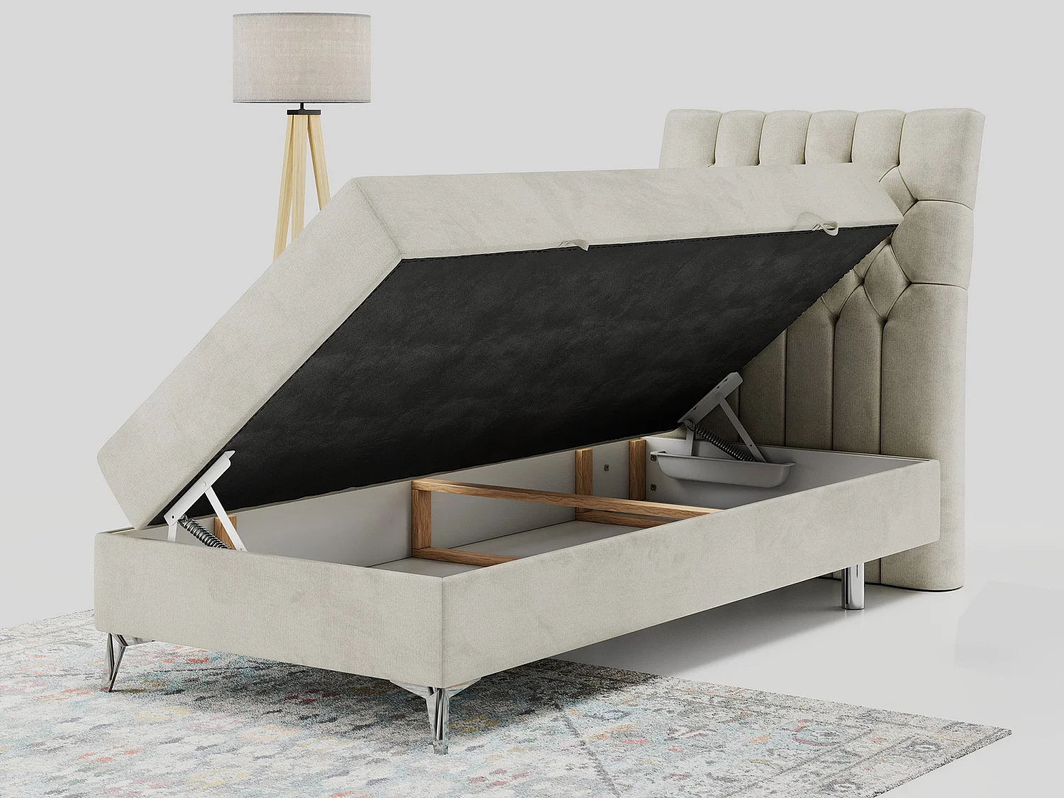 Boxspringbett MILEN - Polsterbett auf Metallbeine, Set mit Multipocket-Matratze, Gesteppte Kopfstütze - 90x200 cm - H3 - Beige Velvet - Rechts Seite