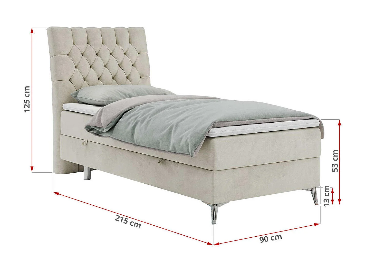 Boxspringbett MILEN - Polsterbett auf Metallbeine, Set mit Multipocket-Matratze, Gesteppte Kopfstütze - 90x200 cm - H3 - Beige Velvet - Rechts Seite