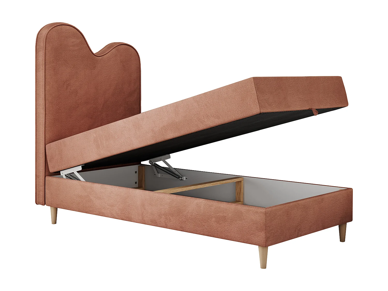 Kinderbett FLOW - Boxspringbett mit Stauraum, Einzelbett für Jugendliche, Bettkasten und hohe Kopfteil - 90x180 cm - Orange Velvet