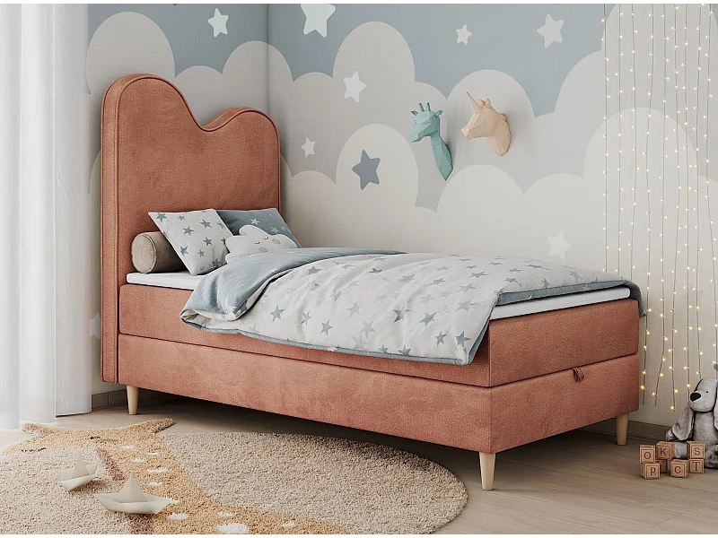Kinderbett FLOW - Boxspringbett mit Stauraum, Einzelbett für Jugendliche, Bettkasten und hohe Kopfteil - 90x180 cm - Orange Velvet
