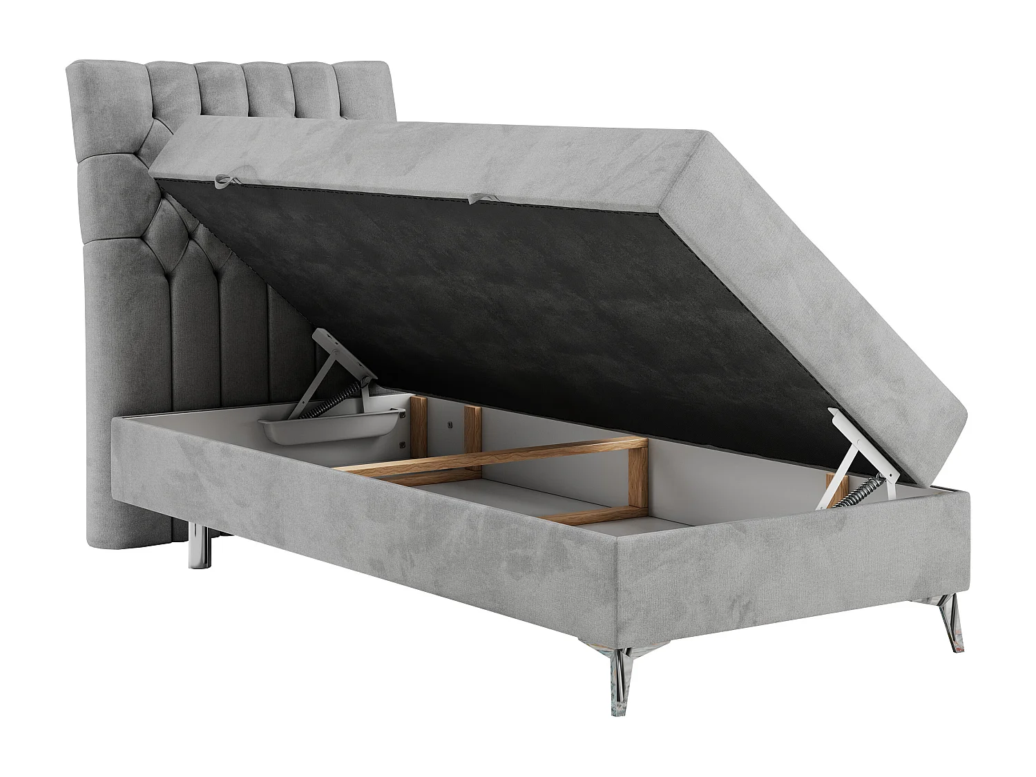 Boxspringbett MILEN - Polsterbett auf Metallbeine, Set mit Multipocket-Matratze, Gesteppte Kopfstütze - 90x200 cm - H3 - Hellgrau Velvet - Links Seite