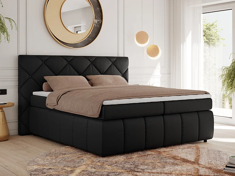 Boxspringbett RITA - Set mit Kopfteil, Multipocket-Matratze und Topper, Doppelbett für Schlafzimmer - 180x200 cm - H3 - Schwarz Kunstleder