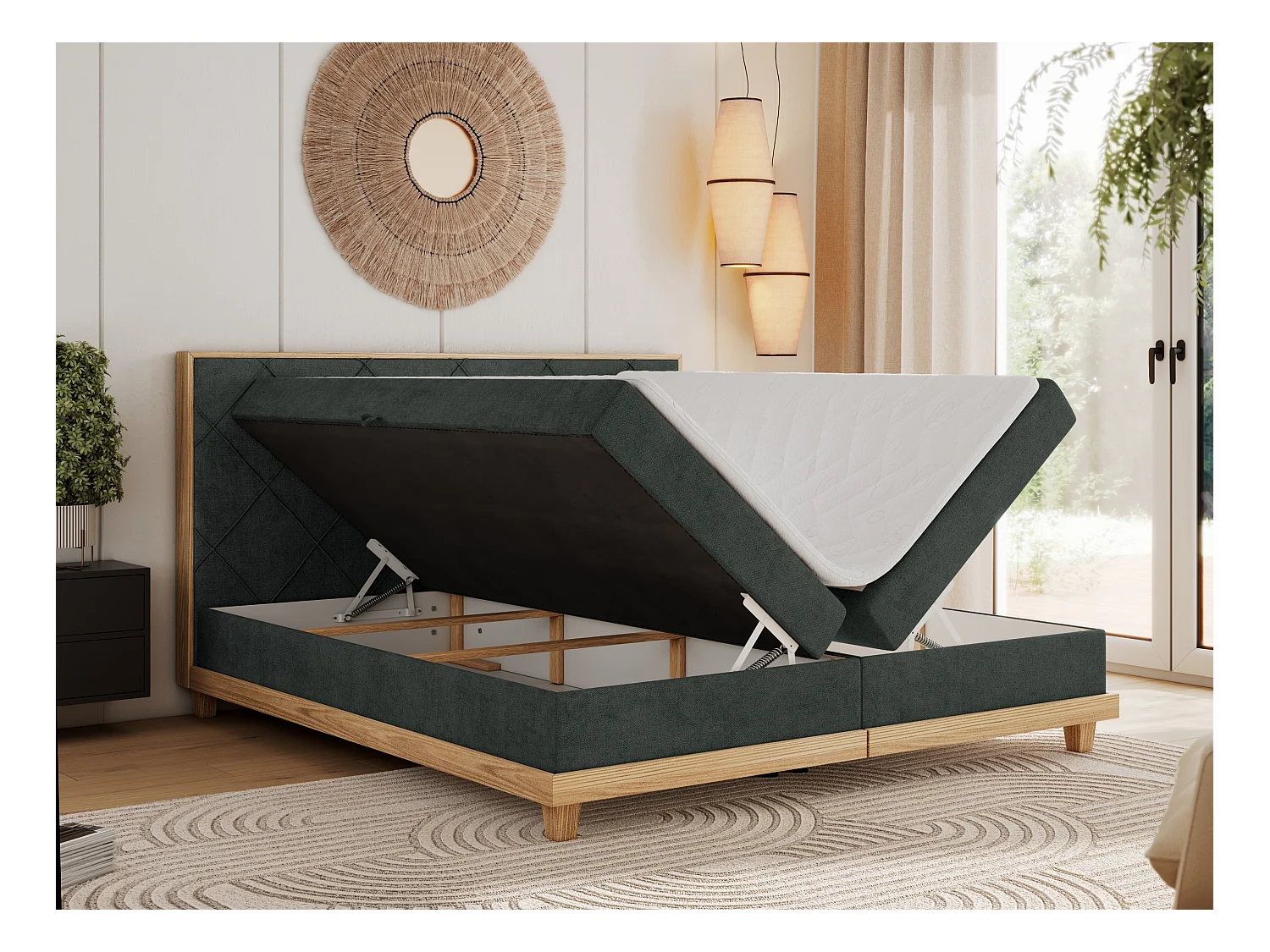 Boxspringbett CAICOS - mit gestepptem Kopfteil, Multipocket-Matratze und Topper, Holzelementen - 160x200 cm - H3 - Dunkelgrau Strukture