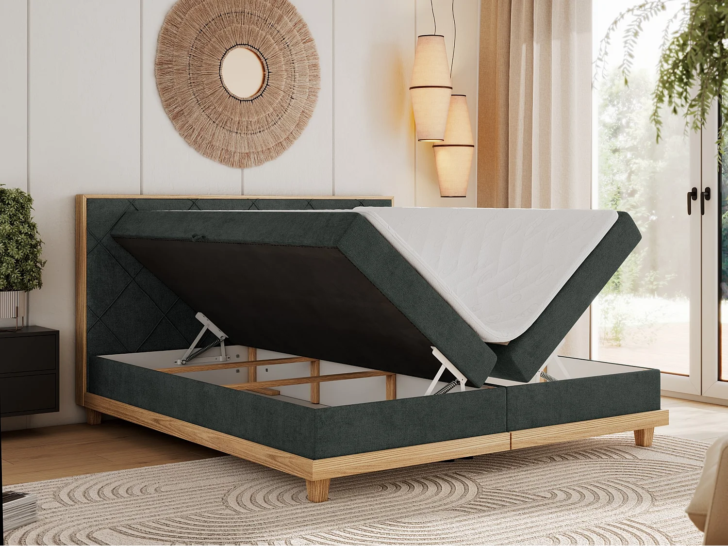 Boxspringbett CAICOS - mit gestepptem Kopfteil, Multipocket-Matratze und Topper, Holzelementen - 160x200 cm - H3 - Dunkelgrau Strukture