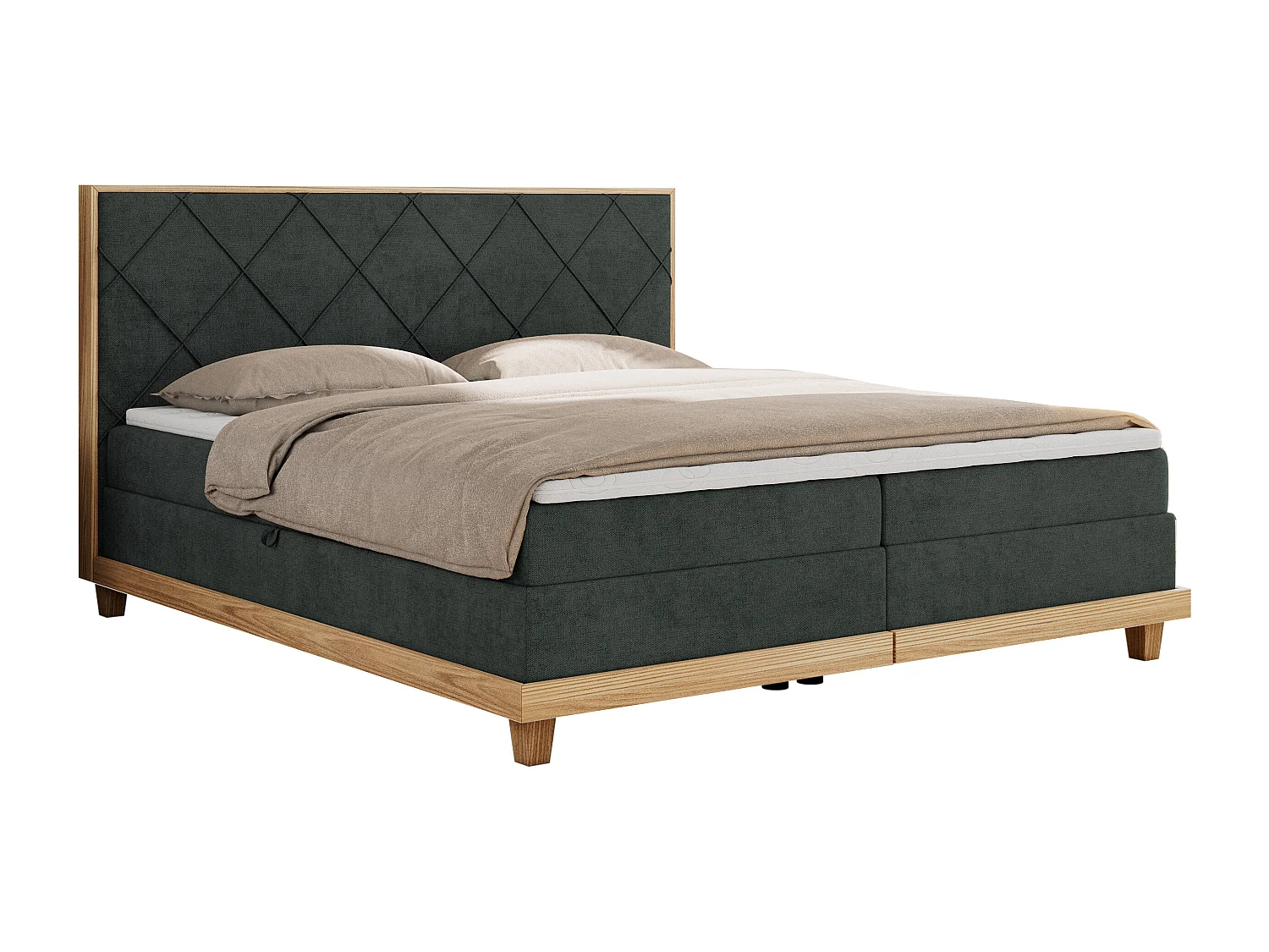 Boxspringbett CAICOS - mit gestepptem Kopfteil, Multipocket-Matratze und Topper, Holzelementen - 160x200 cm - H3 - Dunkelgrau Strukture