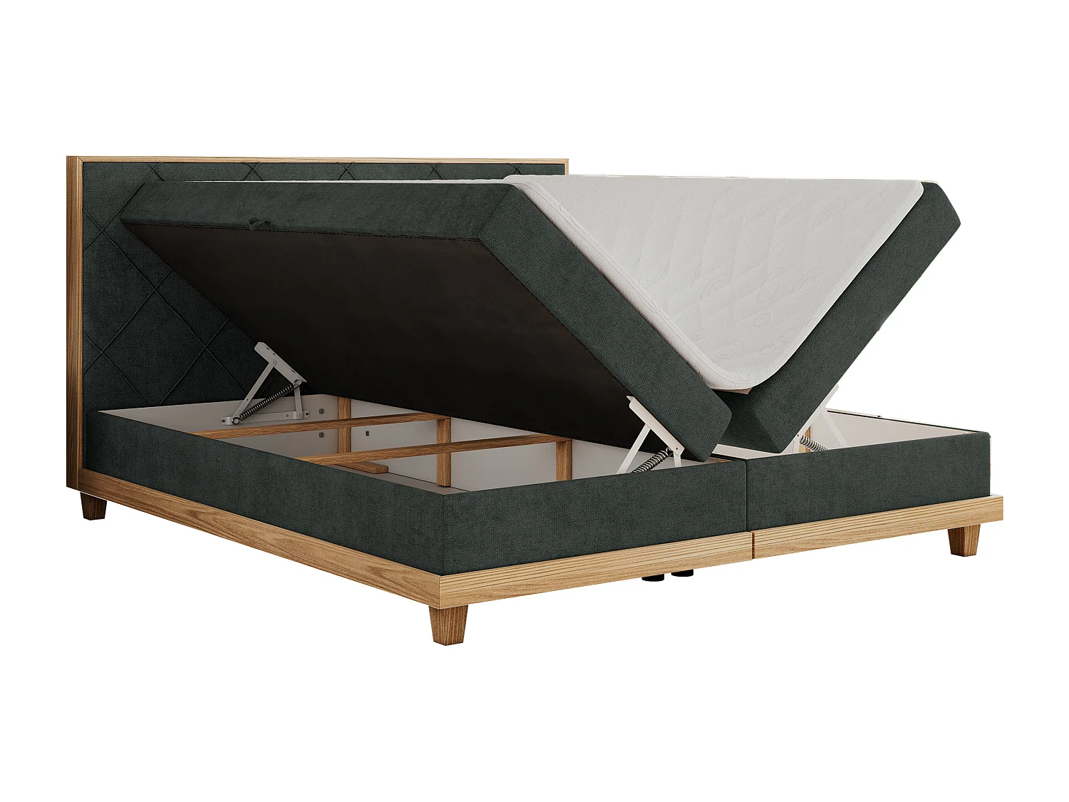 Boxspringbett CAICOS - mit gestepptem Kopfteil, Multipocket-Matratze und Topper, Holzelementen - 160x200 cm - H3 - Dunkelgrau Strukture
