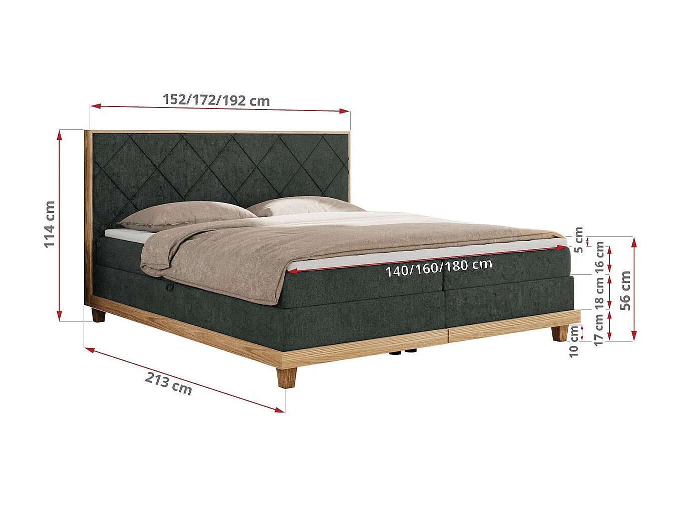 Boxspringbett CAICOS - mit gestepptem Kopfteil, Multipocket-Matratze und Topper, Holzelementen - 160x200 cm - H3 - Dunkelgrau Strukture
