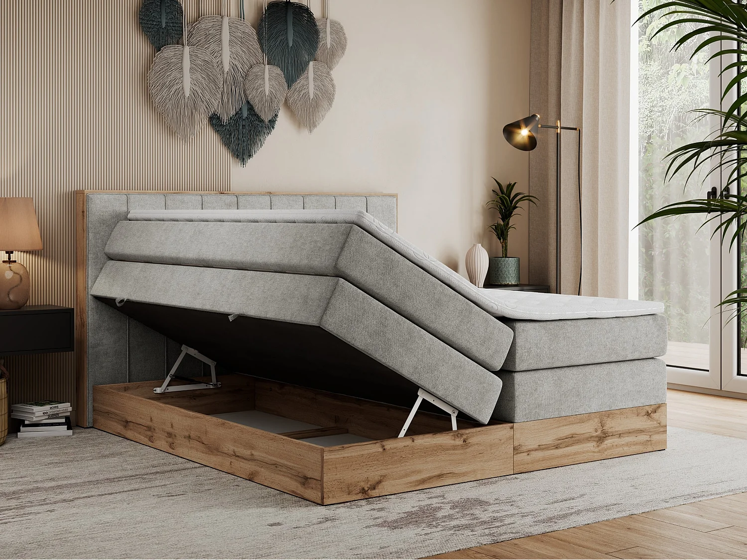 Boxspringbett BELLISSIMO KING - für Schlafzimmer, zwei Multipocket-Matratzen, Set mit Kopfteil und Topper, Holzrahmen - 200x200 cm - H3 - Hellgrau Strukture