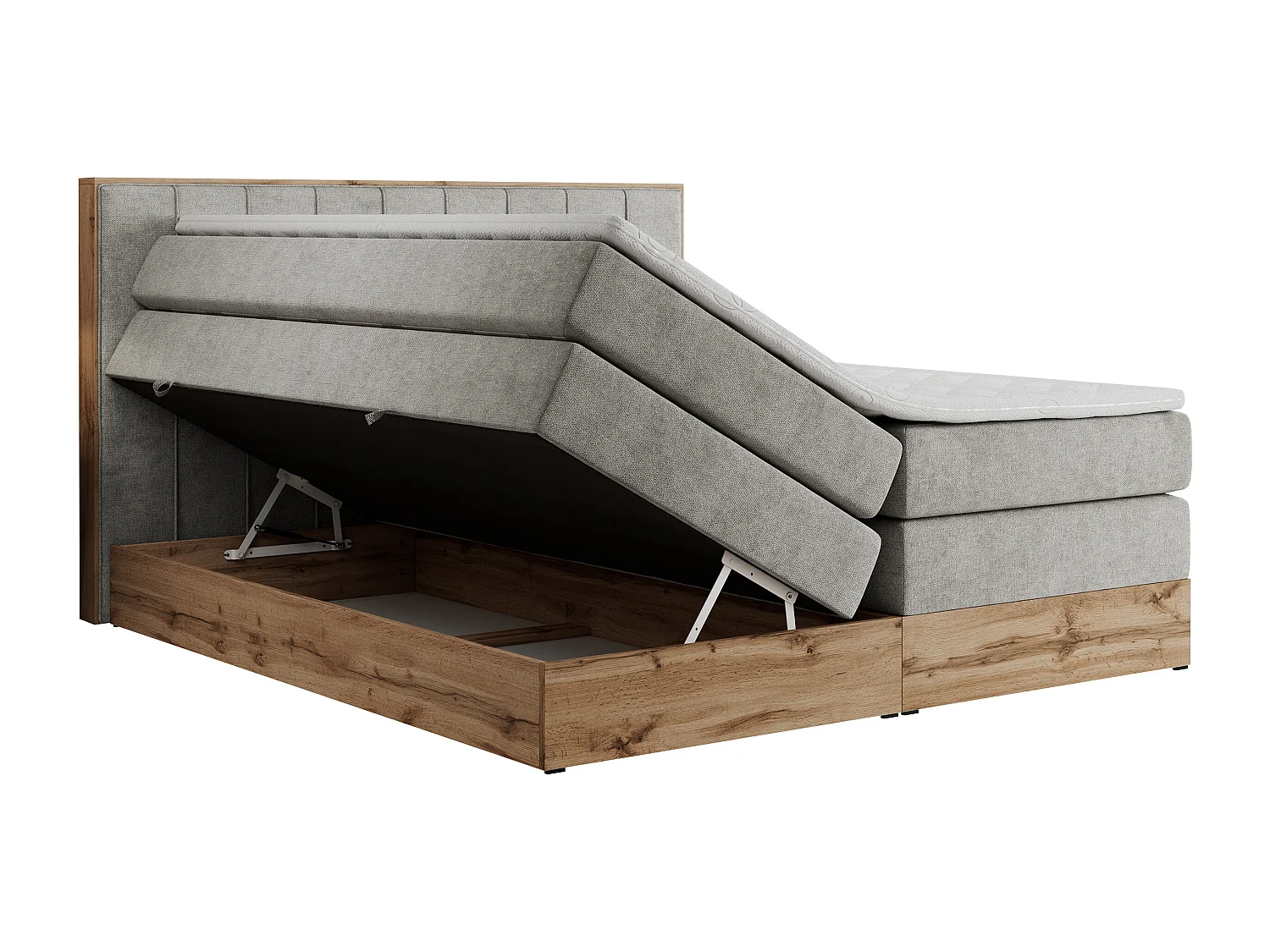 Boxspringbett BELLISSIMO KING - für Schlafzimmer, zwei Multipocket-Matratzen, Set mit Kopfteil und Topper, Holzrahmen - 200x200 cm - H3 - Hellgrau Strukture