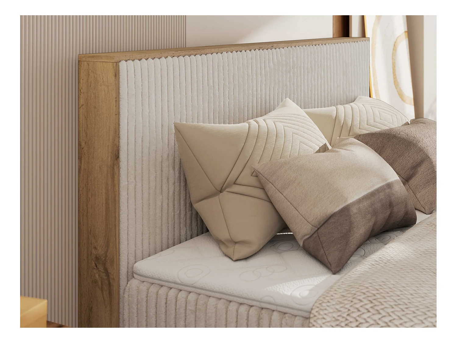 Boxspringbett WOOD CLASSIC KING - Polsterbett mit hohe Kopfteil, zwei Multipocket-Matratze, Bettkästen - 200x200 cm - H4 - Beige Cord