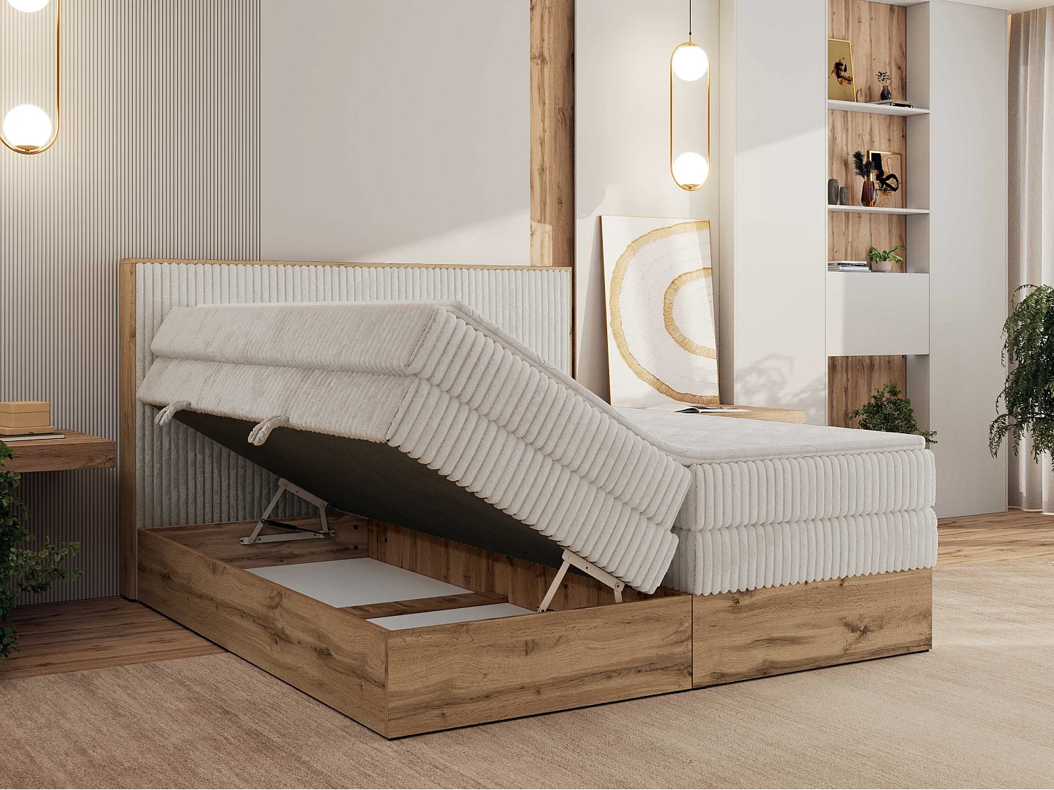 Boxspringbett WOOD CLASSIC KING - Polsterbett mit hohe Kopfteil, zwei Multipocket-Matratze, Bettkästen - 200x200 cm - H4 - Beige Cord