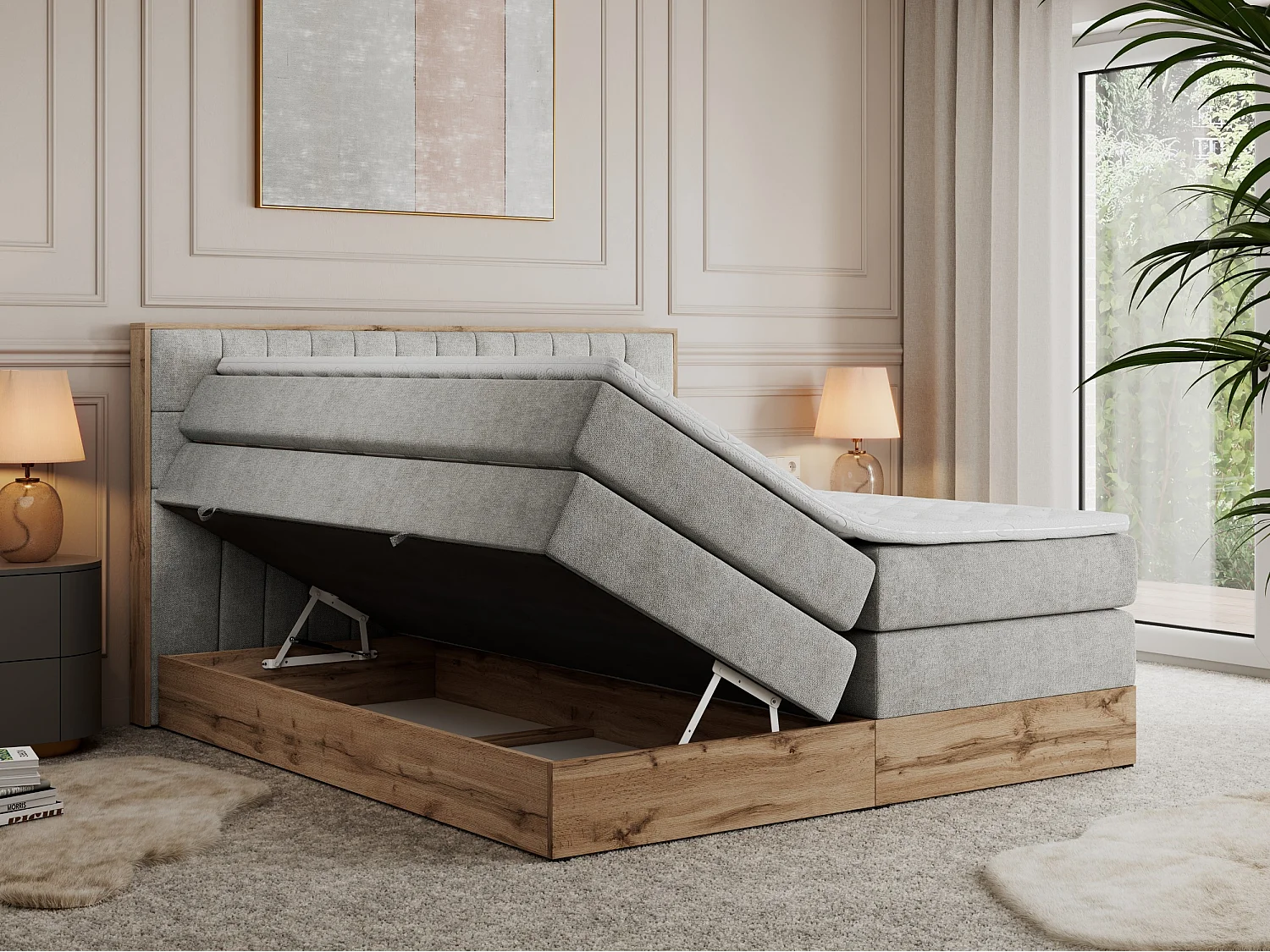 Boxspringbett AMORE KING - gesteppte Kopfstütze, Polsterbett mit zwei Multipocket-Matratzen, Holzrahmen - 160x200 cm - H4 - Hellgrau Strukture