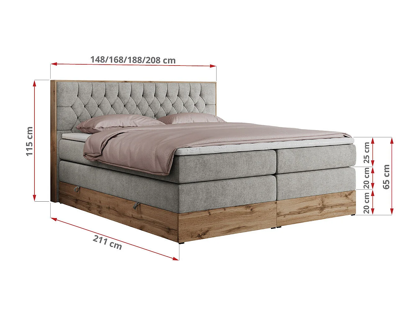 Boxspringbett AMORE KING - gesteppte Kopfstütze, Polsterbett mit zwei Multipocket-Matratzen, Holzrahmen - 160x200 cm - H4 - Hellgrau Strukture