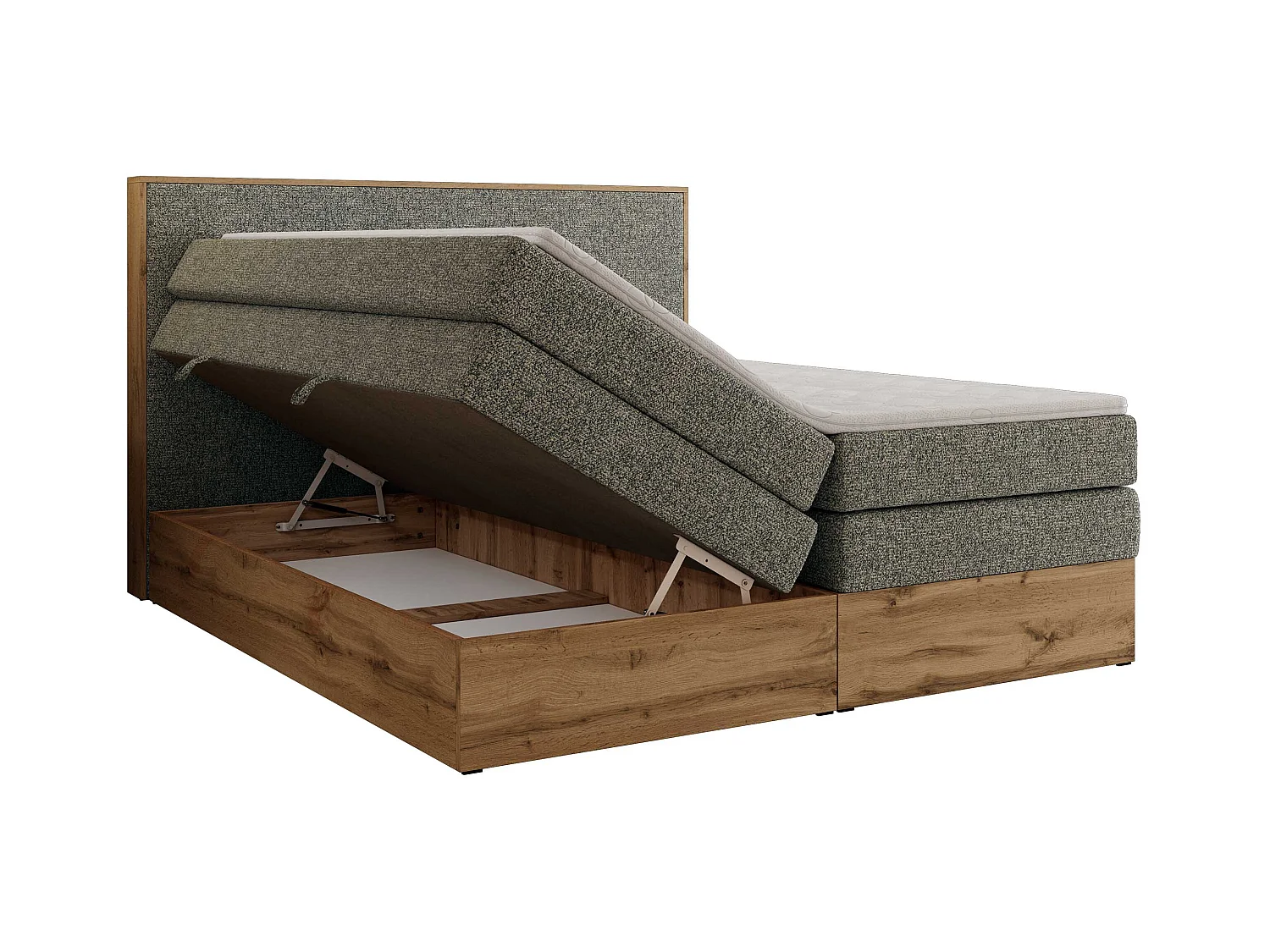 Boxspringbett WOOD CLASSIC KING - Polsterbett mit hohe Kopfteil, zwei Multipocket-Matratze, Bettkästen - 160x200 cm - H4 - Grau Strukture