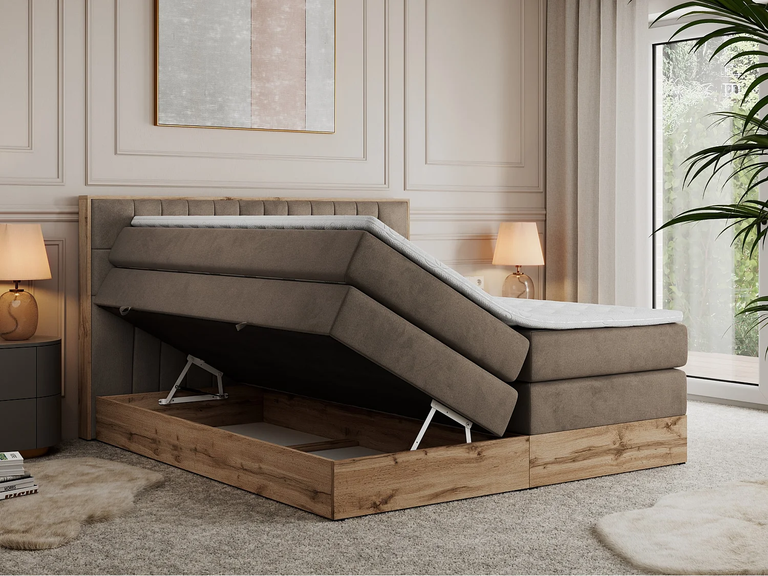 Boxspringbett AMORE KING - gesteppte Kopfstütze, Polsterbett mit zwei Multipocket-Matratzen, Holzrahmen - 160x200 cm - H4 - Braun Velvet