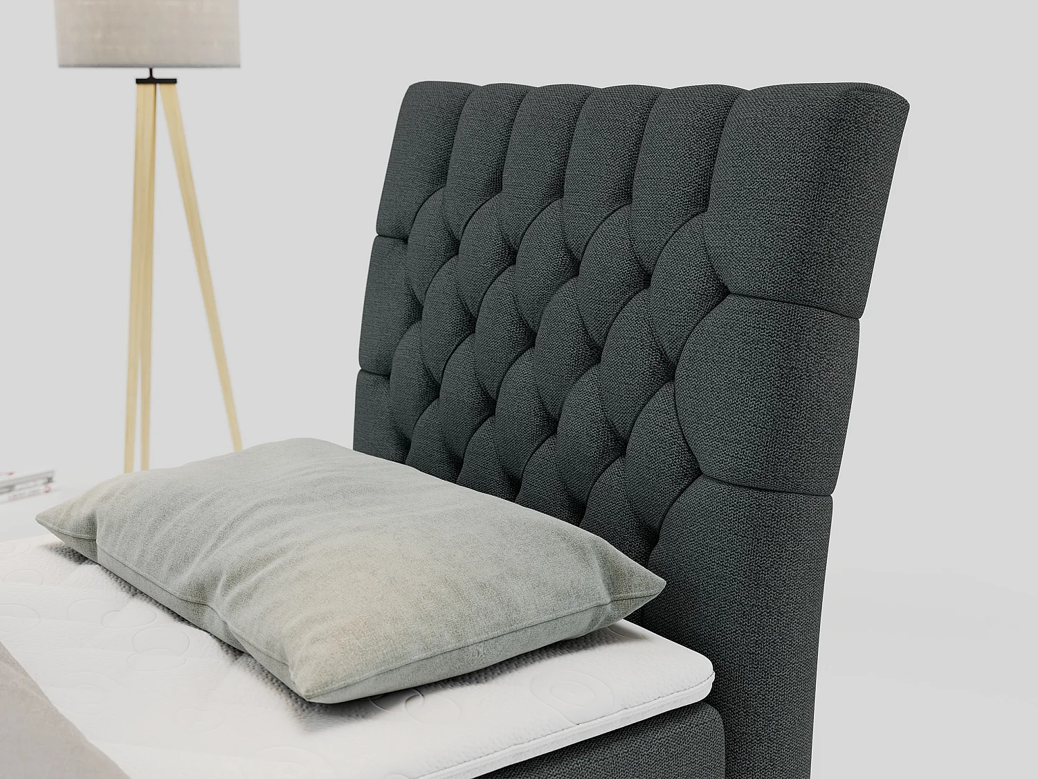 Boxspringbett MILEN - Polsterbett auf Metallbeine, Set mit Multipocket-Matratze, Gesteppte Kopfstütze - 90x200 cm - H3 - Dunkelgrau Strukture - Rechts Seite