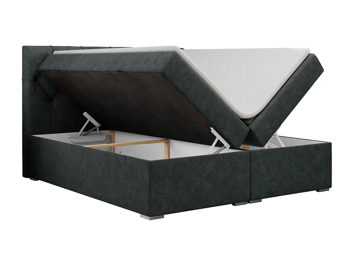 Boxspringbett ALDA - Doppelbett mit gestepptem Kopfteil, Multipocket-Matratze und Topper, zwei Bettkästen - 120x200 cm - H3 - Dunkelgrau Strukture