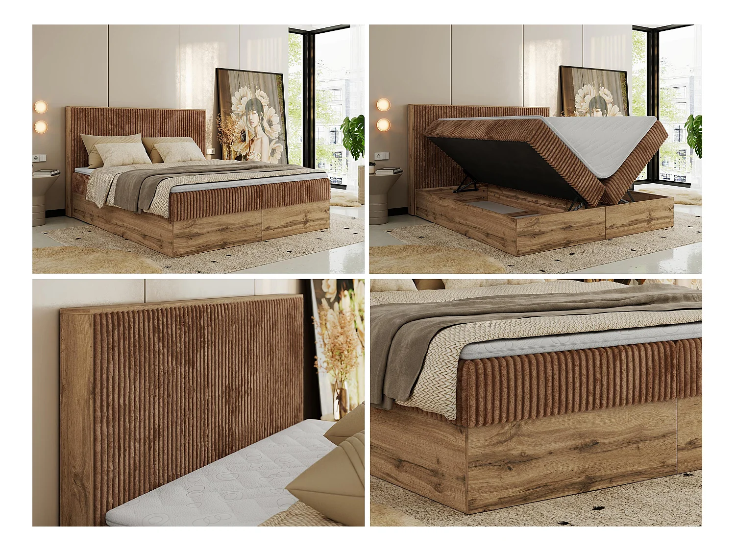 Boxspringbett WOOD CLASSIC - Doppelbett für Schlafzimmer, Set mit Multipocket-Matratze, Holzrahmen - 160x200 cm - H3 - Orange Cord