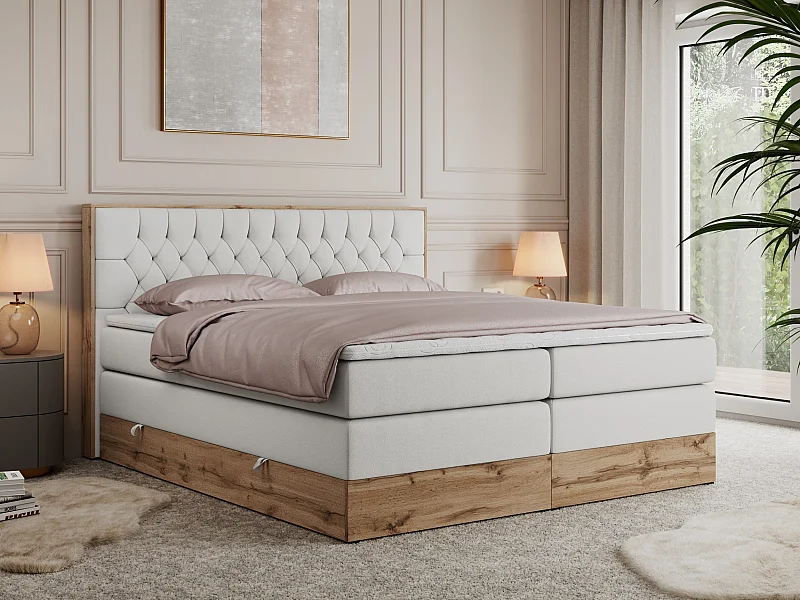 Boxspringbett AMORE KING - gesteppte Kopfstütze, Polsterbett mit zwei Multipocket-Matratzen, Holzrahmen - 180x200 cm - H4 - Weiß Kunstleder