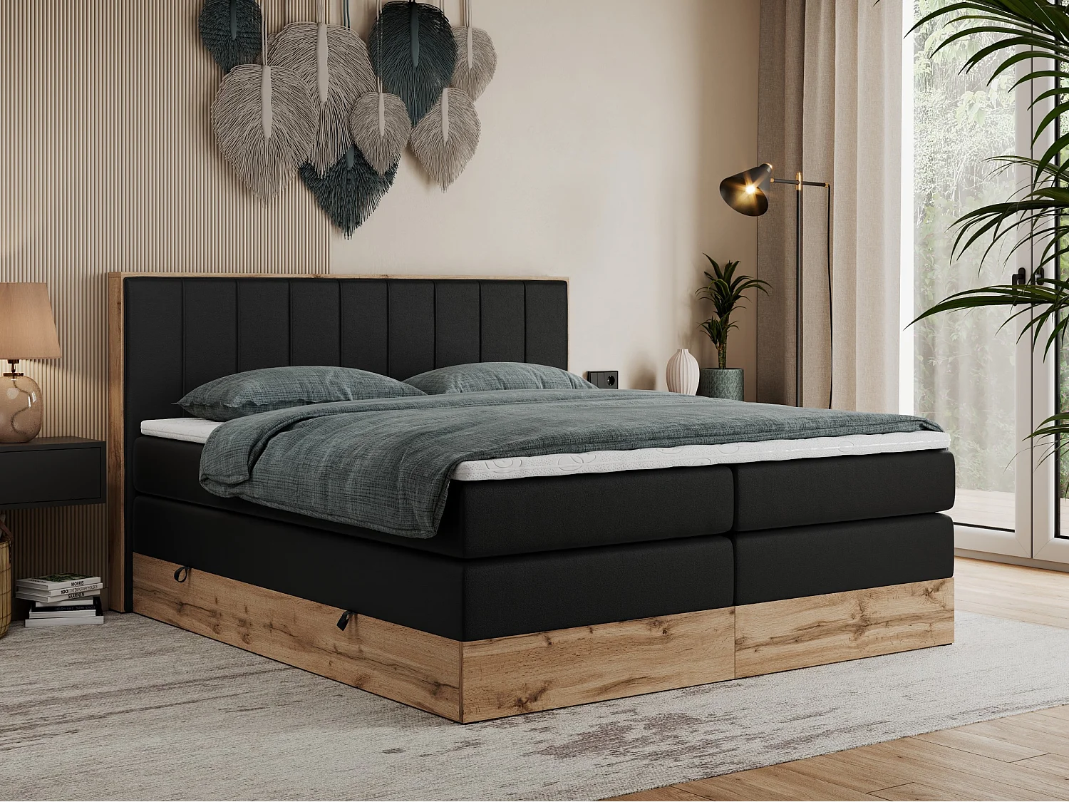 Boxspringbett BELLISSIMO KING - für Schlafzimmer, zwei Multipocket-Matratzen, Set mit Kopfteil und Topper, Holzrahmen - 140x200 cm - H4 - Schwarz Kunstleder