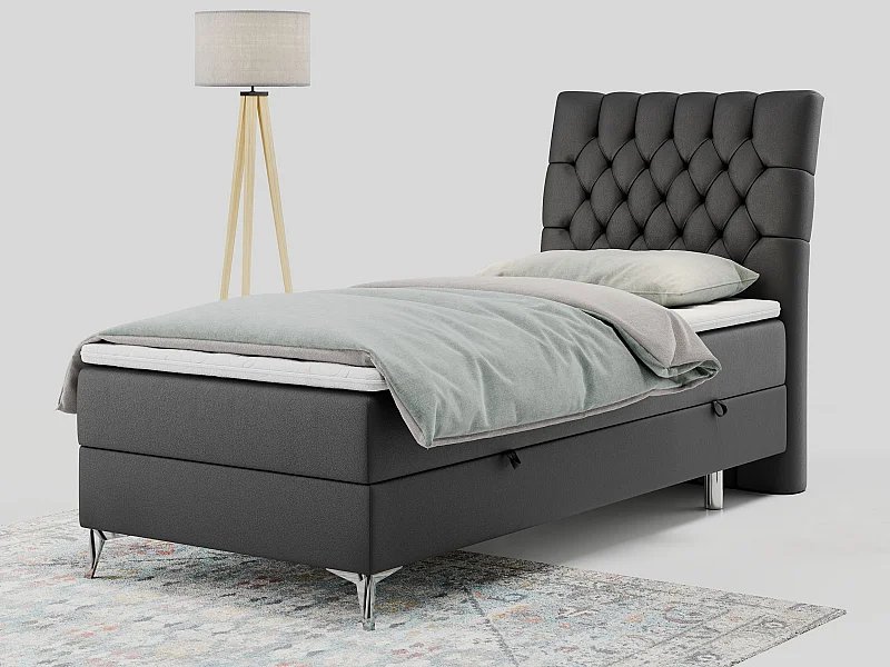 Boxspringbett MILEN - Polsterbett auf Metallbeine, Set mit Multipocket-Matratze, Gesteppte Kopfstütze - 90x200 cm - H3 - Dunkelgrau Kunstleder - Rechts Seite