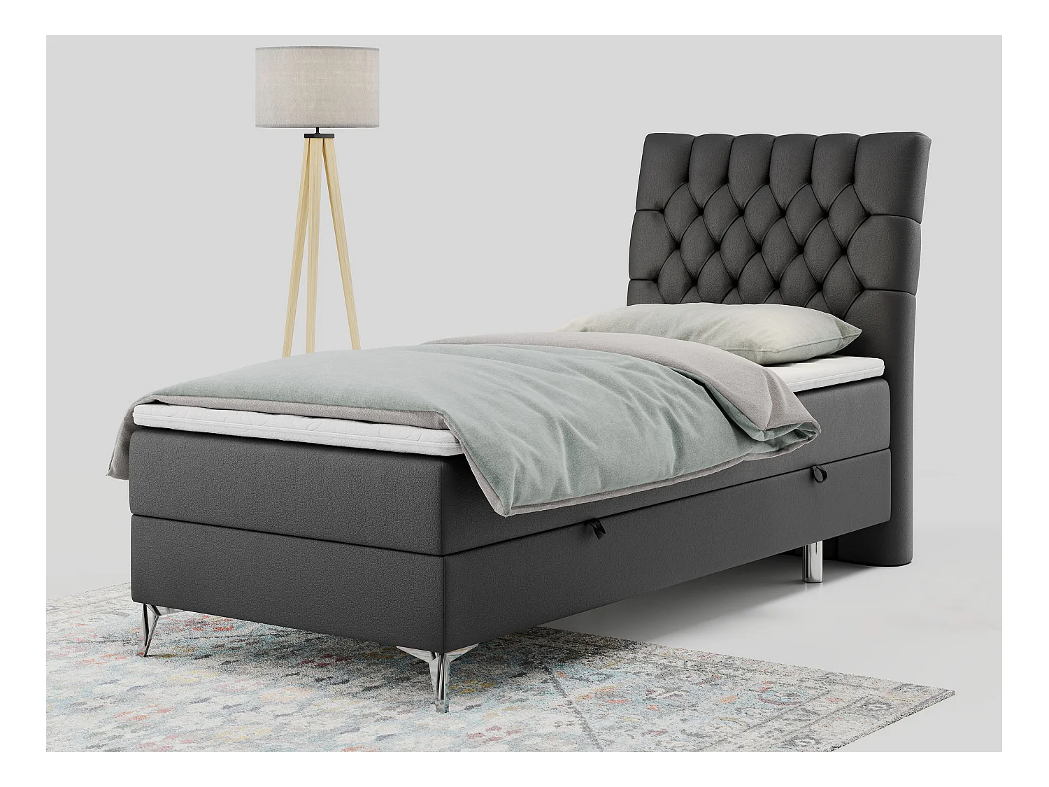 Boxspringbett MILEN - Polsterbett auf Metallbeine, Set mit Multipocket-Matratze, Gesteppte Kopfstütze - 90x200 cm - H3 - Dunkelgrau Kunstleder - Rechts Seite