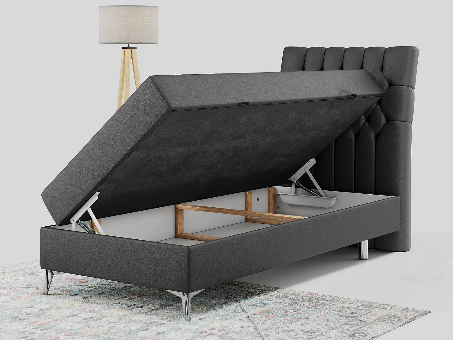 Boxspringbett MILEN - Polsterbett auf Metallbeine, Set mit Multipocket-Matratze, Gesteppte Kopfstütze - 90x200 cm - H3 - Dunkelgrau Kunstleder - Rechts Seite