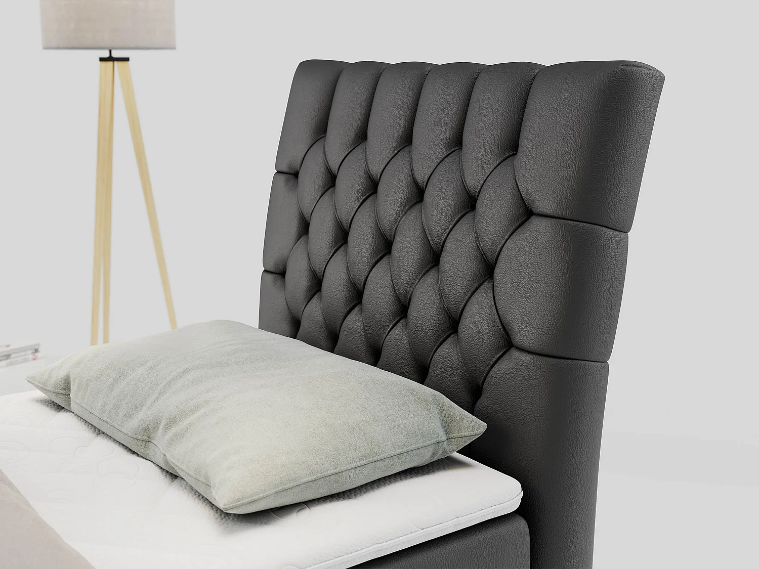 Boxspringbett MILEN - Polsterbett auf Metallbeine, Set mit Multipocket-Matratze, Gesteppte Kopfstütze - 90x200 cm - H3 - Dunkelgrau Kunstleder - Rechts Seite