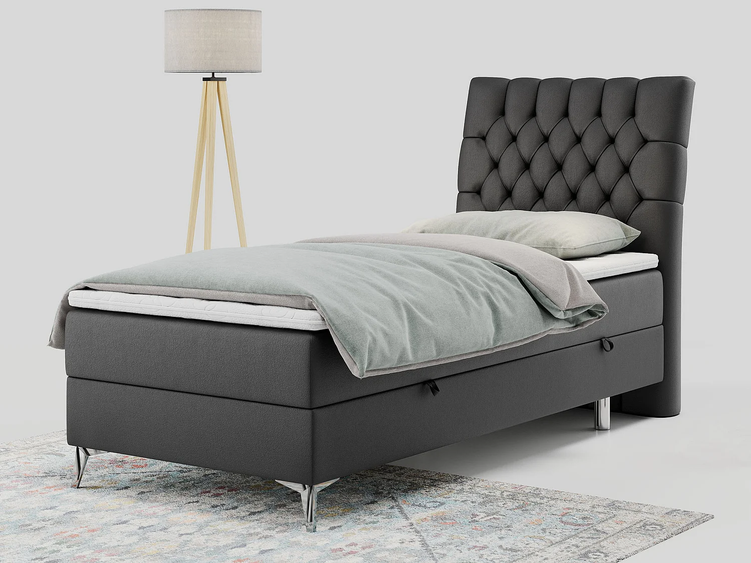 Boxspringbett MILEN - Polsterbett auf Metallbeine, Set mit Multipocket-Matratze, Gesteppte Kopfstütze - 90x200 cm - H3 - Dunkelgrau Kunstleder - Rechts Seite