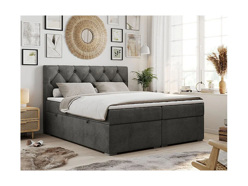 Boxspringbett ALDA - Doppelbett mit gestepptem Kopfteil, Multipocket-Matratze und Topper, zwei Bettkästen - 160x200 cm - H3 - Dunkelgrau Velvet