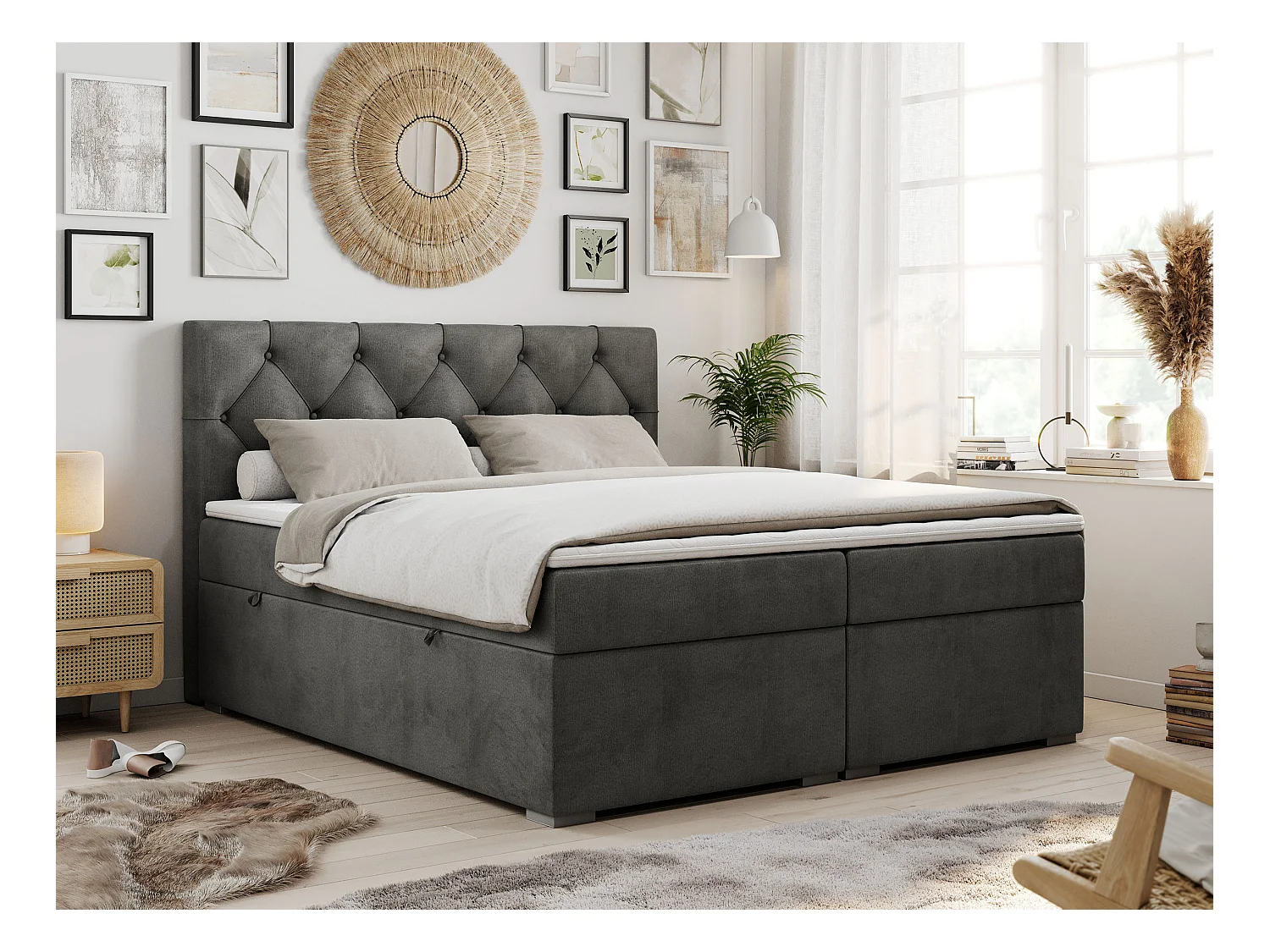 Boxspringbett ALDA - Doppelbett mit gestepptem Kopfteil, Multipocket-Matratze und Topper, zwei Bettkästen - 160x200 cm - H3 - Dunkelgrau Velvet