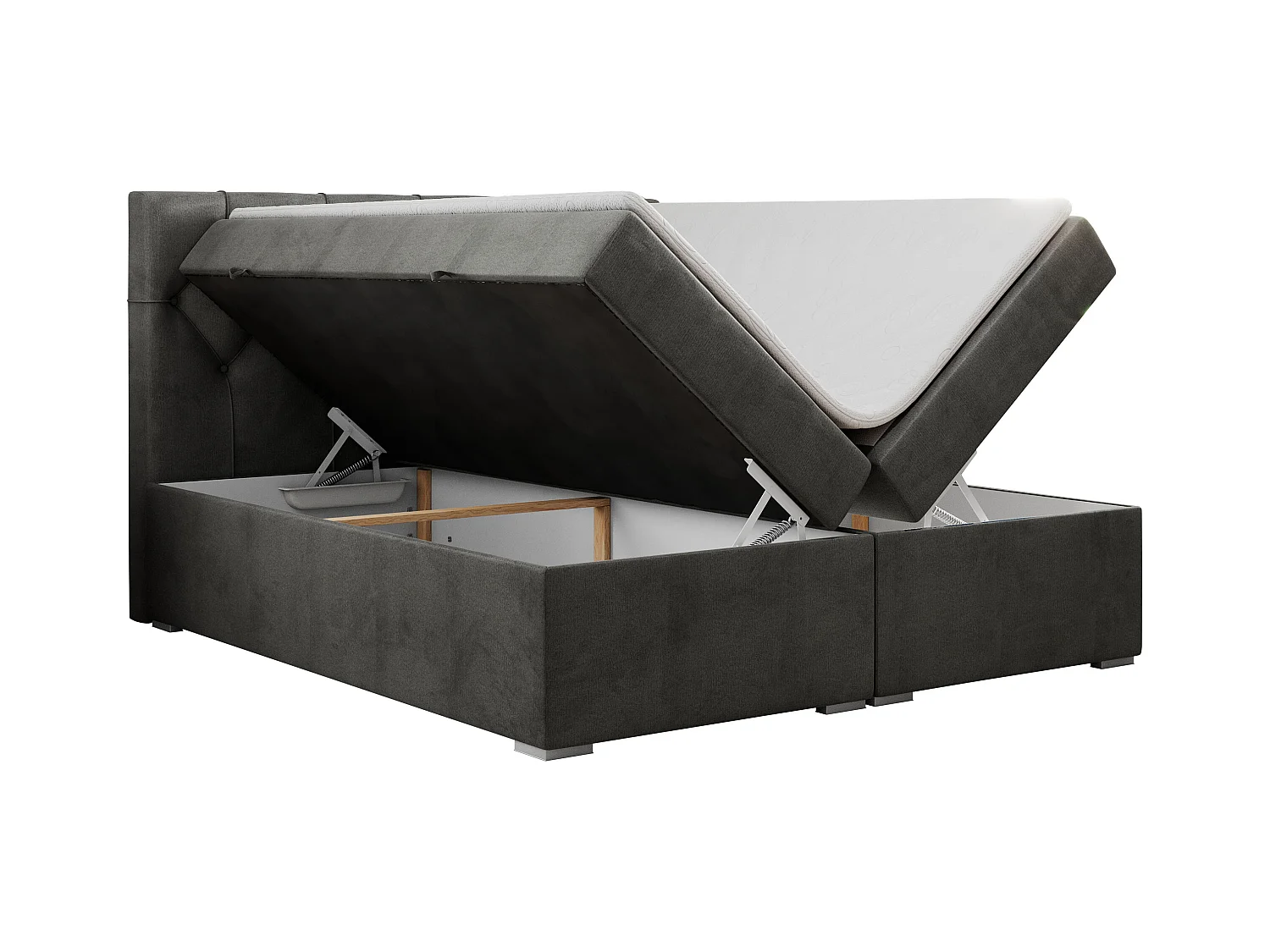 Boxspringbett ALDA - Doppelbett mit gestepptem Kopfteil, Multipocket-Matratze und Topper, zwei Bettkästen - 160x200 cm - H3 - Dunkelgrau Velvet