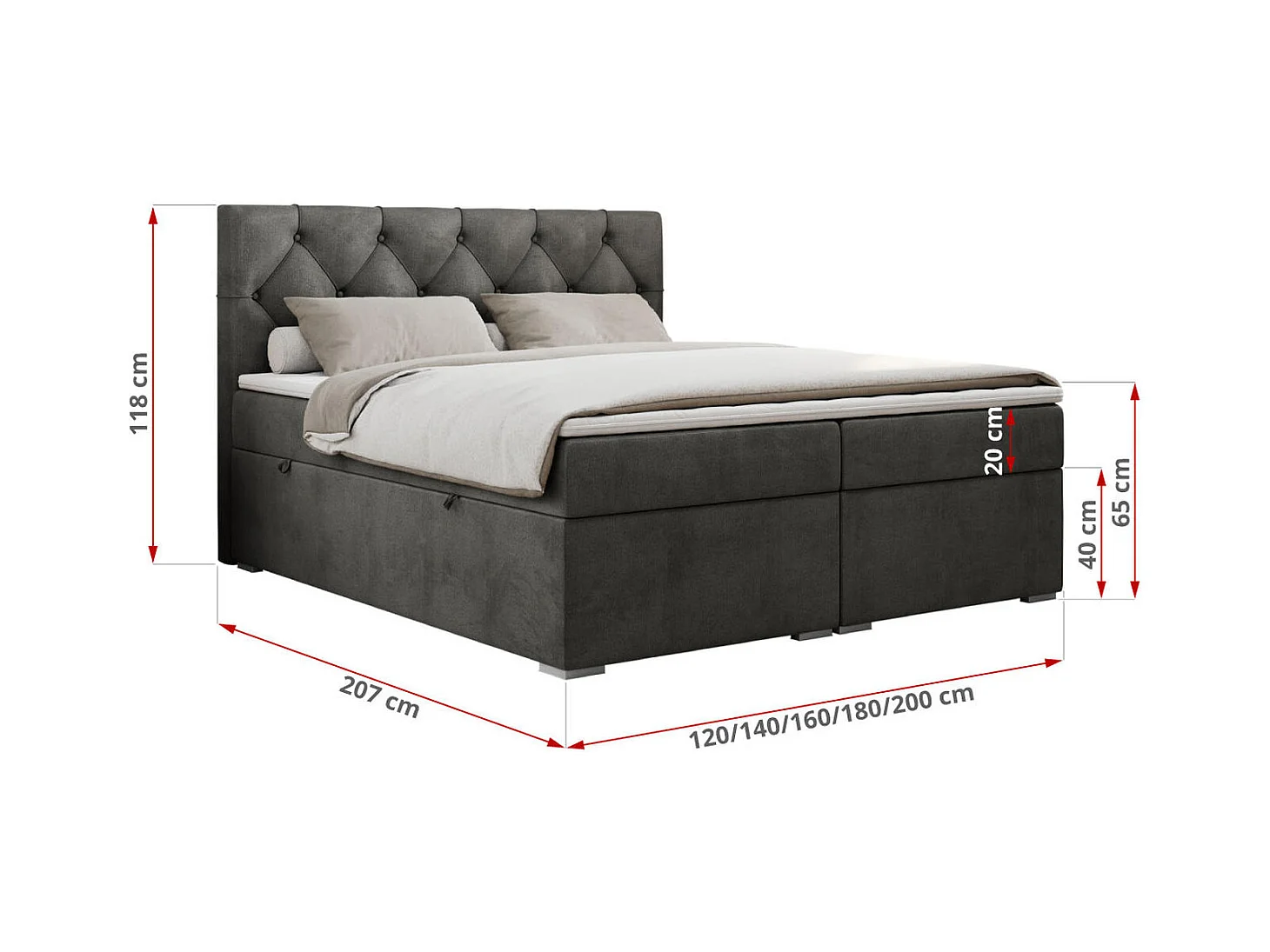 Boxspringbett ALDA - Doppelbett mit gestepptem Kopfteil, Multipocket-Matratze und Topper, zwei Bettkästen - 160x200 cm - H3 - Dunkelgrau Velvet