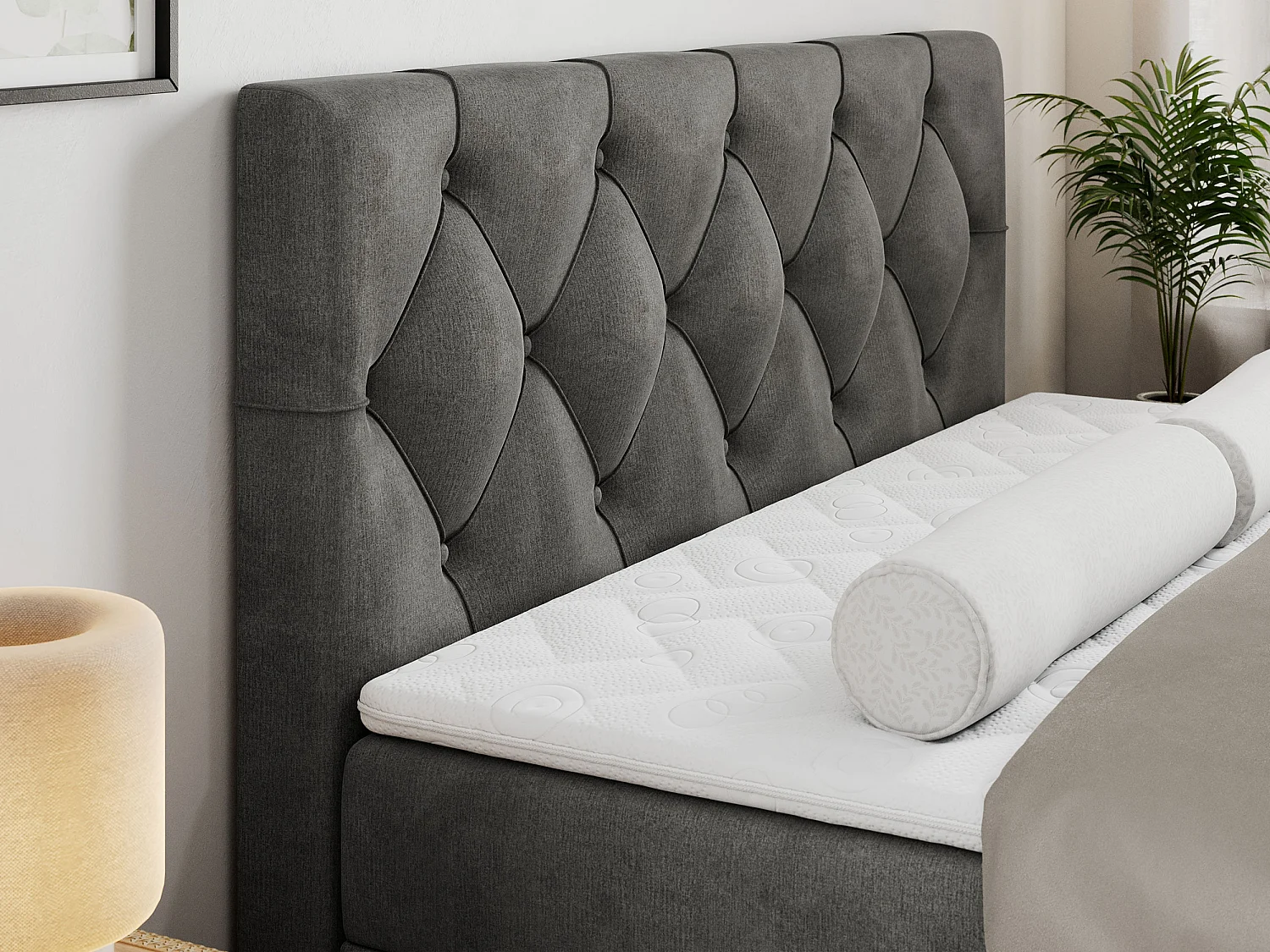 Boxspringbett ALDA - Doppelbett mit gestepptem Kopfteil, Multipocket-Matratze und Topper, zwei Bettkästen - 160x200 cm - H3 - Dunkelgrau Velvet