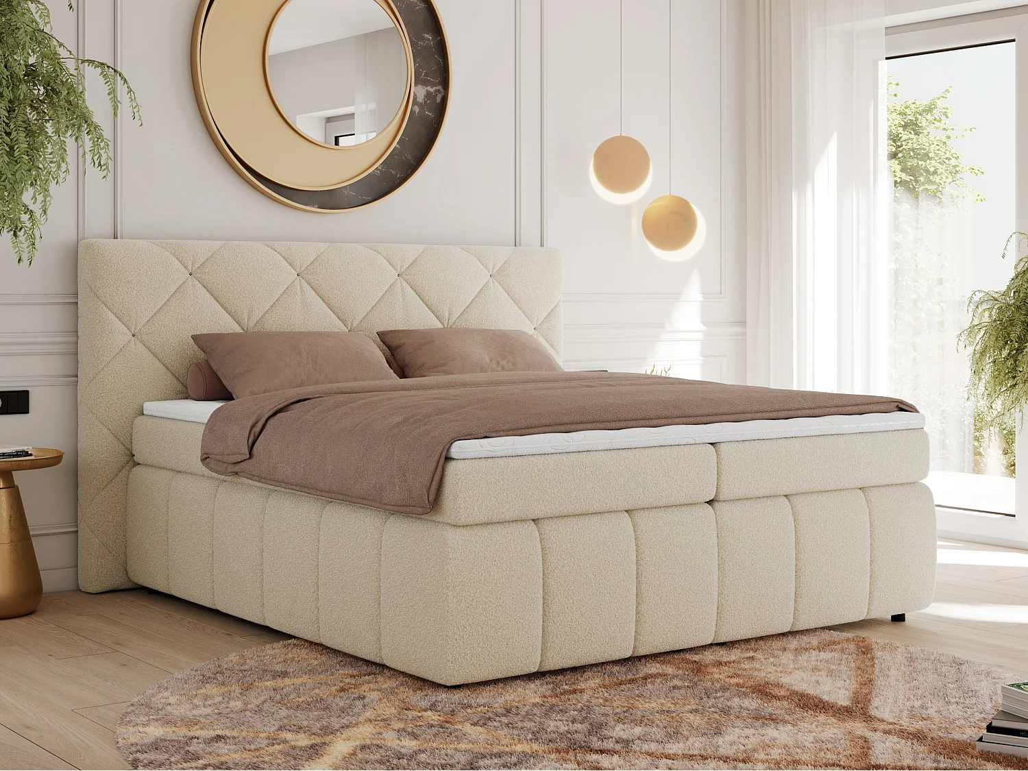 Boxspringbett RITA - Set mit Kopfteil, Multipocket-Matratze und Topper, Doppelbett für Schlafzimmer - 180x200 cm - H4 - Beige Boucle