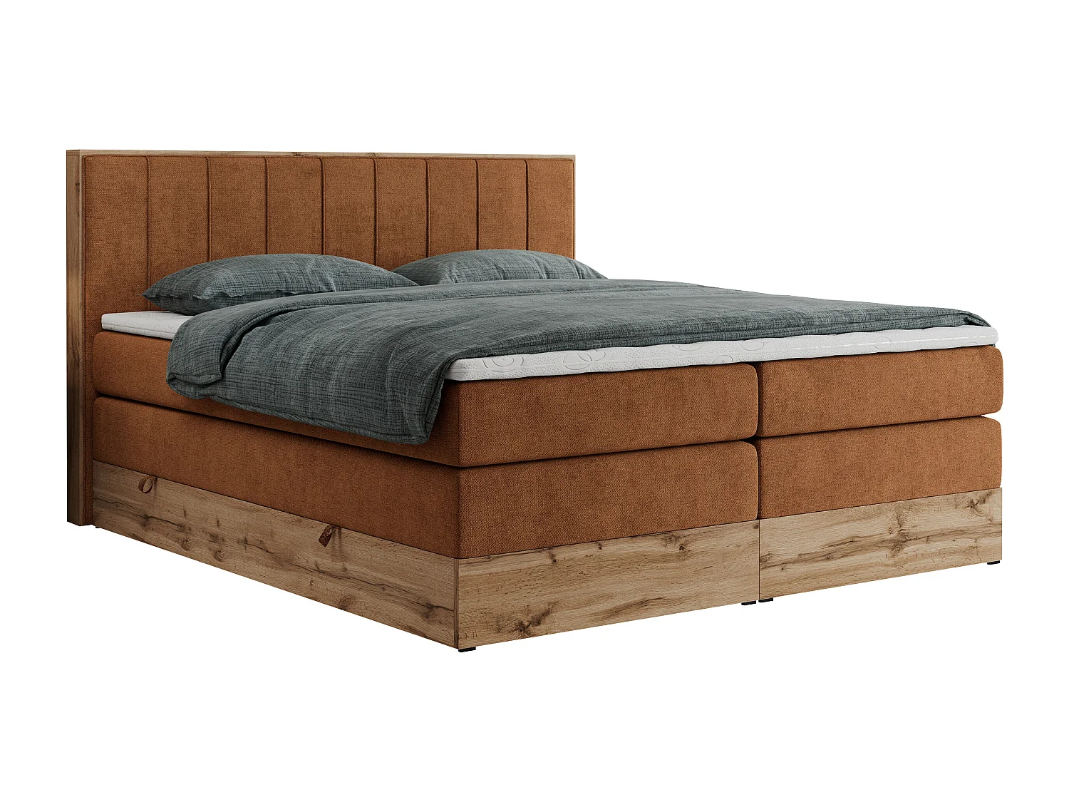 Boxspringbett BELLISSIMO KING - für Schlafzimmer, zwei Multipocket-Matratzen, Set mit Kopfteil und Topper, Holzrahmen - 160x200 cm - H3 - Orange Strukture