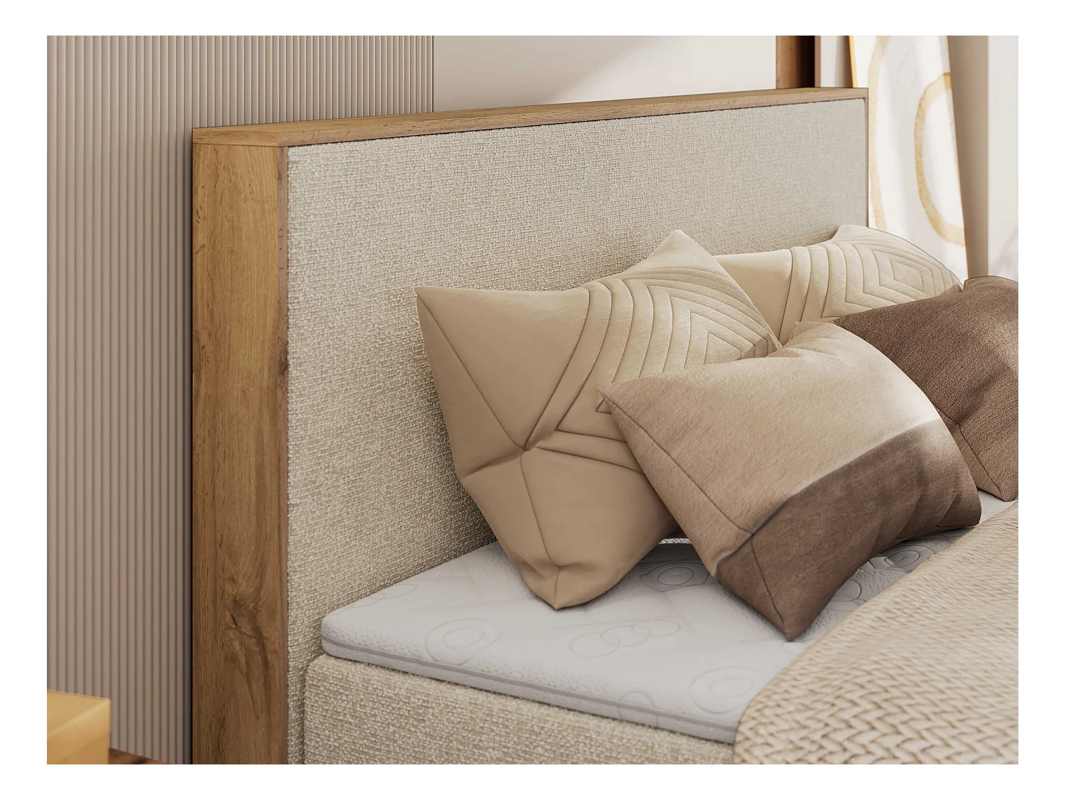 Boxspringbett WOOD CLASSIC KING - Polsterbett mit hohe Kopfteil, zwei Multipocket-Matratze, Bettkästen - 140x200 cm - H3 - Creme Strukture