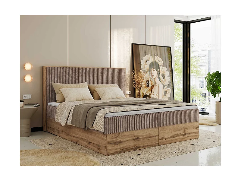 Boxspringbett WOOD CLASSIC - Doppelbett für Schlafzimmer, Set mit Multipocket-Matratze, Holzrahmen - 140x200 cm - H3 - Braun Cord
