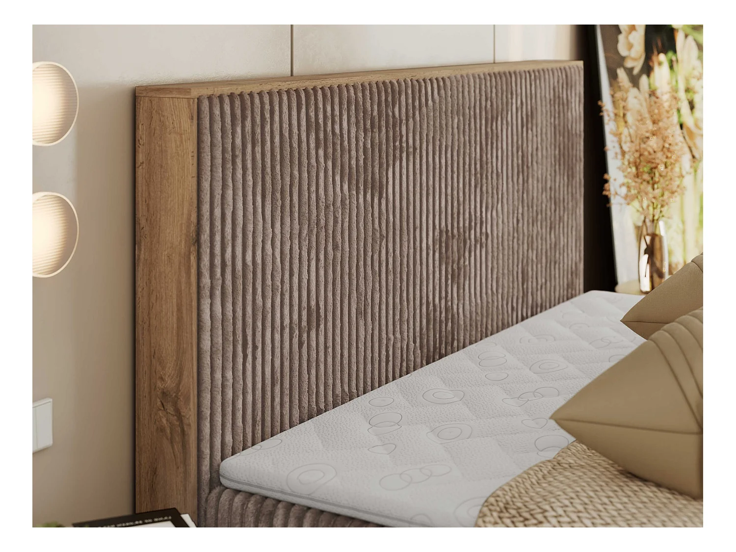 Boxspringbett WOOD CLASSIC - Doppelbett für Schlafzimmer, Set mit Multipocket-Matratze, Holzrahmen - 140x200 cm - H3 - Braun Cord