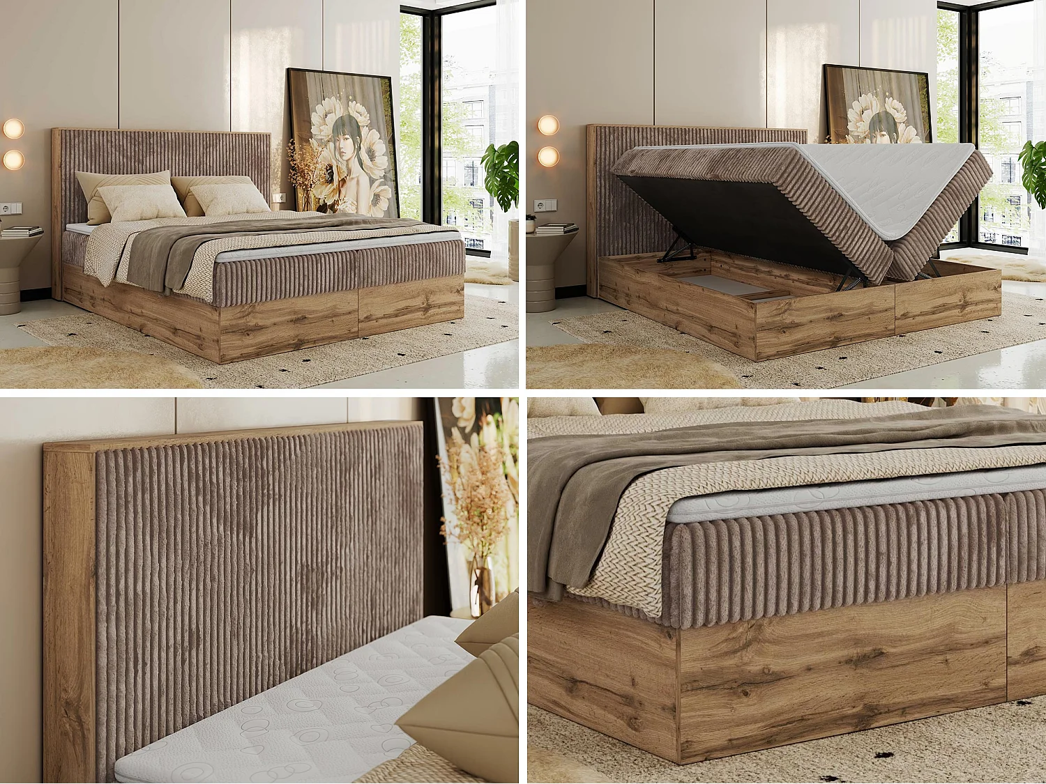 Boxspringbett WOOD CLASSIC - Doppelbett für Schlafzimmer, Set mit Multipocket-Matratze, Holzrahmen - 140x200 cm - H3 - Braun Cord