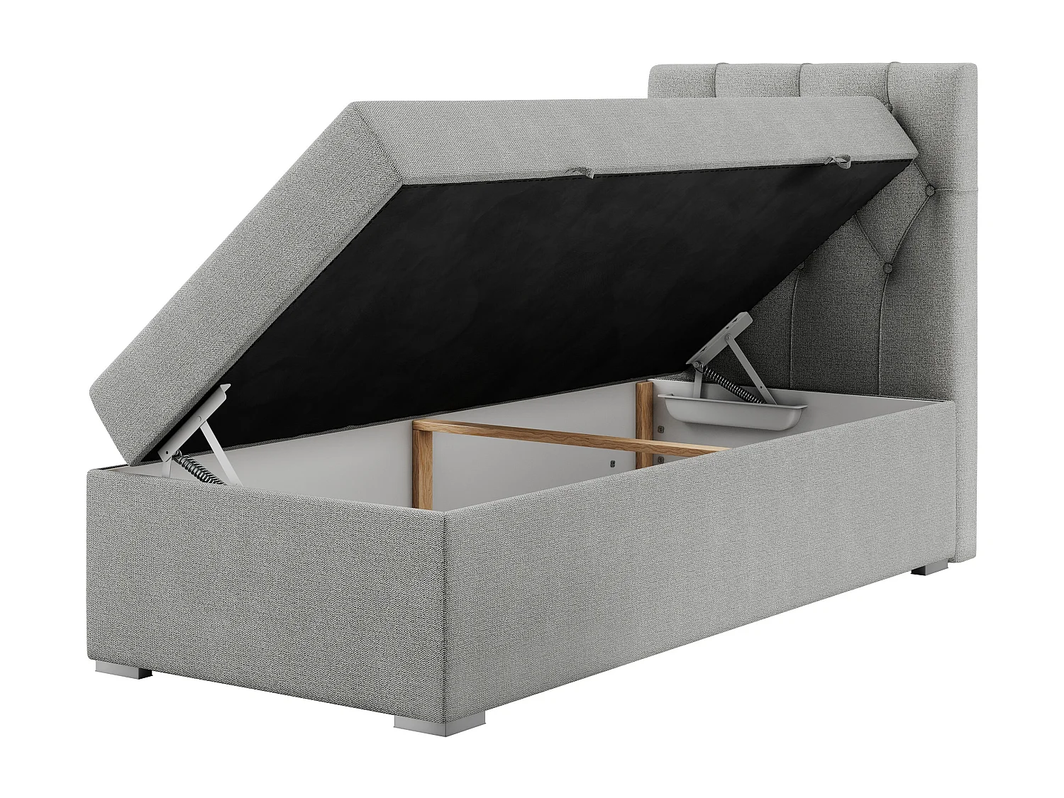 Boxspringbett ALDA - Einzelbett mit gestepptem Kopfteil, Multipocket-Matratze und Topper, Bettkasten - 90x200 cm - H3 - Hellgrau Strukture - Rechts Seite