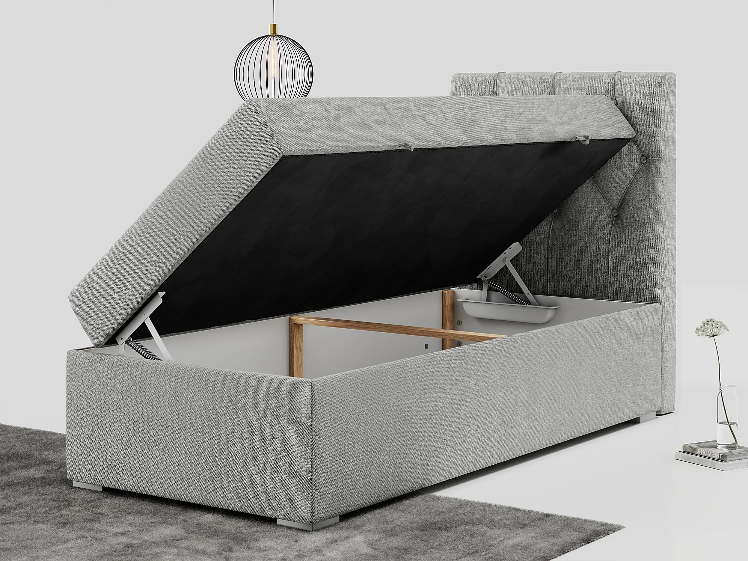 Boxspringbett ALDA - Einzelbett mit gestepptem Kopfteil, Multipocket-Matratze und Topper, Bettkasten - 90x200 cm - H3 - Hellgrau Strukture - Rechts Seite