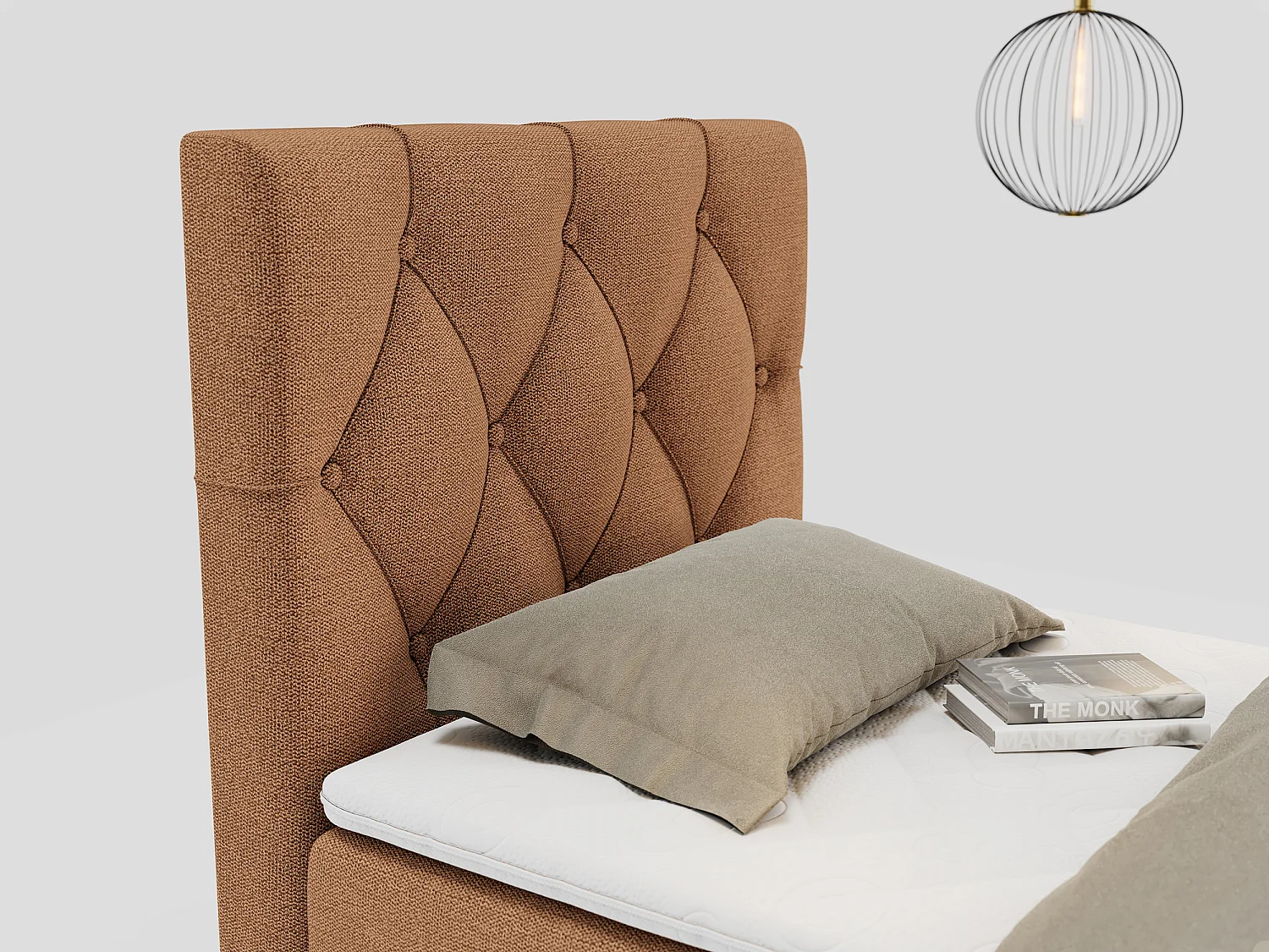 Boxspringbett ALDA - Einzelbett mit gestepptem Kopfteil, Multipocket-Matratze und Topper, Bettkasten - 90x200 cm - H3 - Orange Strukture - Links Seite